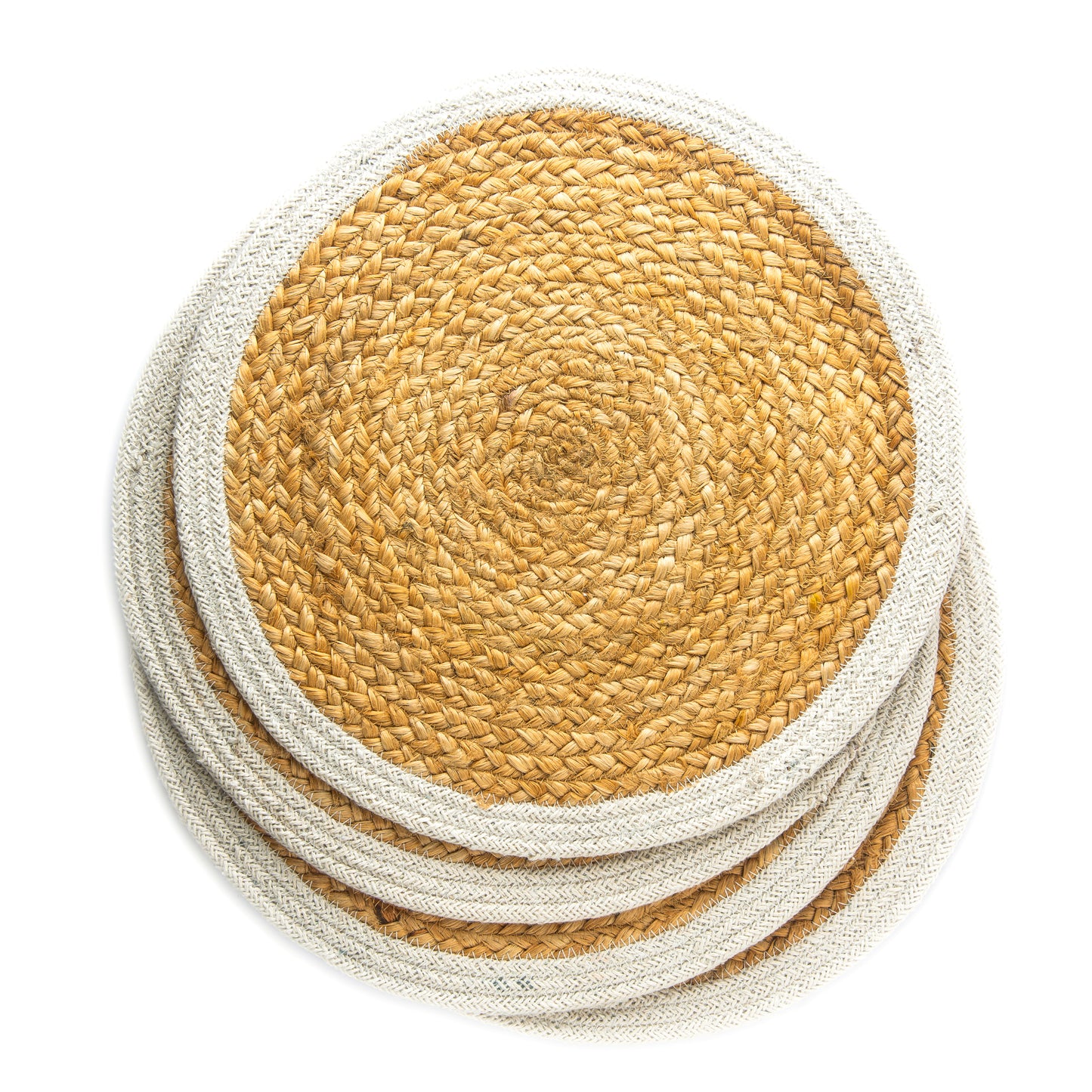 Jute table mats having border of white rope set of four  in white background and closeup look