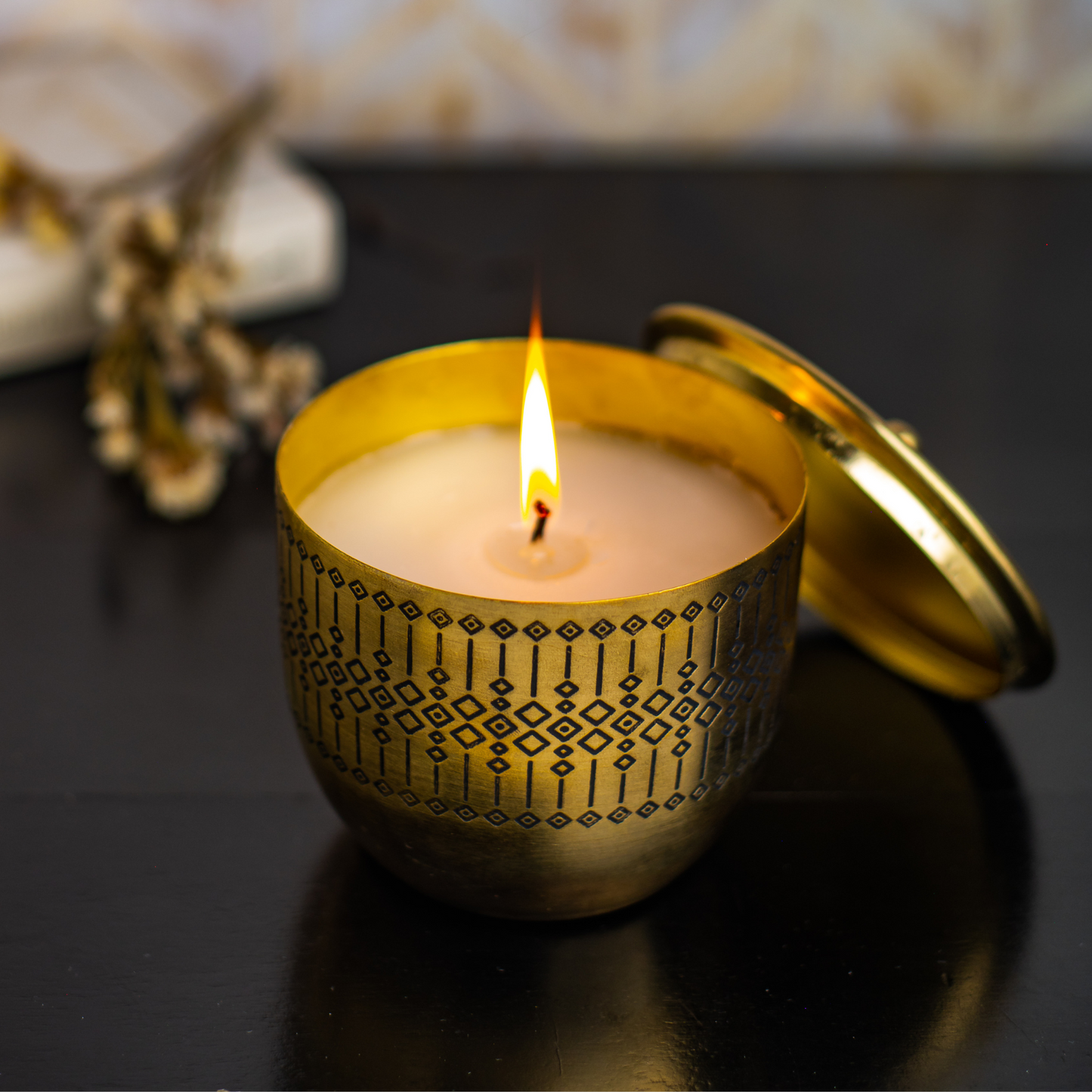 Lavender scented candle in brass jar for home decor and festival gifting